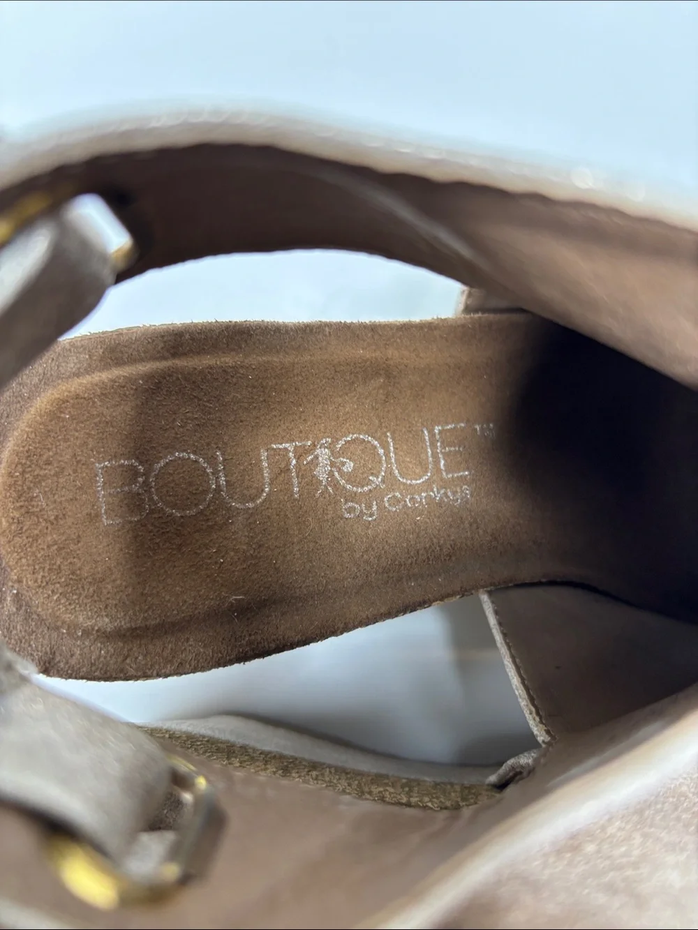 Boutique by Corky size 7 Peep-Toe Slingback Wedge in Shimmery Taupe